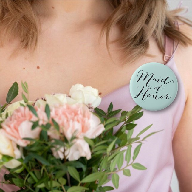 Maid Of Honour Script Chic Wedding Bridal Party 6 Cm Round Badge (MAID OF HONOR Classic Script Chic Wedding Bridal Party Pin Button @ fatfatin_blue_knot)