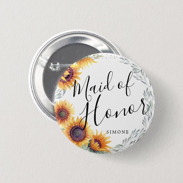 Maid of Honour Sunflower Florals Custom Wedding 6 Cm Round Badge (Front & Back)