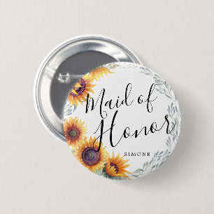 Maid of Honour Sunflower Florals Custom Wedding 6 Cm Round Badge