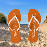 Maid of Honour Trendy Burnt Orange Colour Thongs<br><div class="desc">Gift your wedding bridesmaids with these stylish Maid of Honour flip flops that are a trendy,  burnt orange colour along with white,  stylised script to complement your similar wedding colour scheme. Select foot size along with other options. You may customise your flip flops to change colour to your desire.</div>
