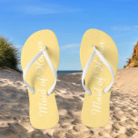 Maid of Honour Trendy Buttercup Yellow Colour Thongs<br><div class="desc">Gift your wedding bridesmaids with these stylish Maid of Honour flip flops that are a trendy,  buttercup yellow colour along with white,  stylised script to complement your similar wedding colour scheme. Select foot size along with other options. You may customise your flip flops to change colour to your desire.</div>