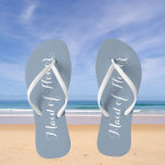 Maid of Honour Trendy Dusty Blue Colour Thongs<br><div class="desc">Gift your wedding bridesmaids with these stylish Maid of Honour flip flops that are a trendy,  dusty blue colour along with white,  stylised script to complement your similar wedding colour scheme. Select foot size along with other options. You may customise your flip flops to change colour to your desire.</div>