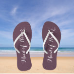 Maid of Honour Trendy Eggplant Colour Thongs<br><div class="desc">Gift your wedding bridesmaids with these stylish Maid of Honour flip flops that are a trendy eggplant colour along with white,  stylised script to complement your similar wedding colour scheme. Select foot size along with other options. You may customise your flip flops to change colour to your desire.</div>