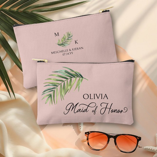 Maid of Honour Tropical Palm Leaf Any Colour Accessory Pouch (Maid of Honor cosmetic pouch with palm leaf and calligraphy - edit to any color)