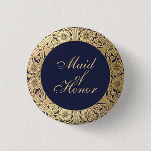 Maid of Honour Vintage Navy Blue Gold Roses 3 Cm Round Badge