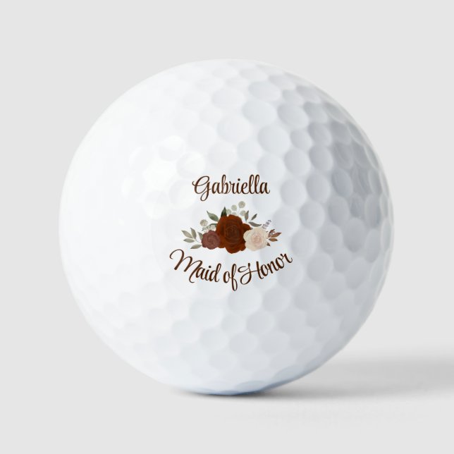 Maid of Honour Wedding Favour Rust Orange Roses Golf Balls (Front)