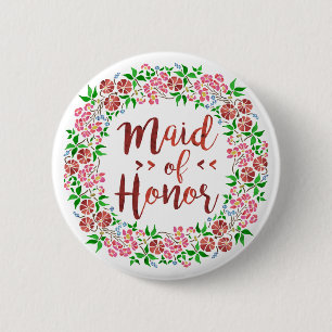 Maid of Honour Wedding Floral Watercolor Pink 6 Cm Round Badge
