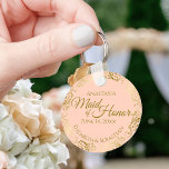 Maid of Honour Wedding Gift Gold Frills Coral Peac Key Ring<br><div class="desc">These keychains are designed to give as favours to the Maid of Honour in your wedding party. They feature a simple yet elegant design with a pale coral, peach, or light orange coloured background, gold text, and a lacy golden faux foil floral border. The text reads "Maid of Honour" with...</div>