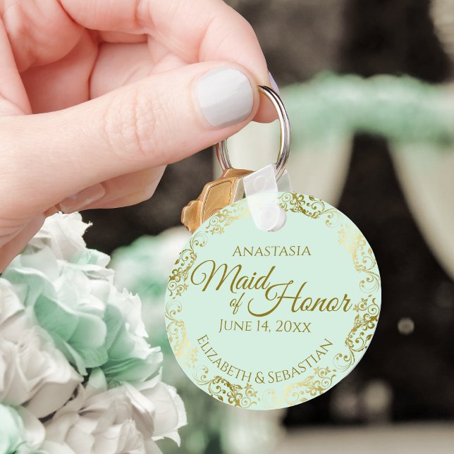 Maid of Honour Wedding Gift Gold Frills Mint Green Key Ring (Creator Uploaded)