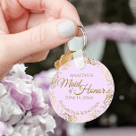 Maid of Honour Wedding Gift Gold Frills on Lilac Key Ring<br><div class="desc">These keychains are designed to give as favours to the Maid of Honour in your wedding party. They feature a simple yet elegant design with a pale lilac purple coloured background, gold text, and a lacy golden faux foil floral border. The text reads "Maid of Honour" with space for her...</div>