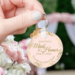 Maid of Honour Wedding Gift Gold Frills on Pink Key Ring<br><div class="desc">These keychains are designed to give as favours to the Maid of Honour in your wedding party. They feature a simple yet elegant design with a pale blush pink coloured background, gold text, and a lacy golden faux foil floral border. The text reads "Maid of Honour" with space for her...</div>