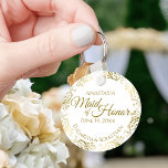 Maid of Honour Wedding Gift Gold Frills on White Key Ring<br><div class="desc">These keychains are designed to give as favours to the Maid of Honour in your wedding party. They feature a simple yet elegant design with a classic white background, gold text, and a lacy golden faux foil floral border. Perfect way to thank your Maid of Honour for being a part...</div>