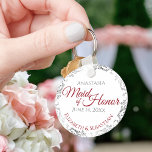 Maid of Honour Wedding Gift Red & Grey on White Key Ring<br><div class="desc">These keychains are designed to give as favours to the Maid of Honour in your wedding party. Features a simple yet elegant design with a white background, red & Grey text, and a silver faux foil floral border. Perfect way to thank your Maid of Honour for being a part of...</div>