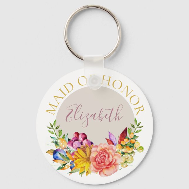 Maid of Honour with Name Floral Bouquet Key Ring (Front)
