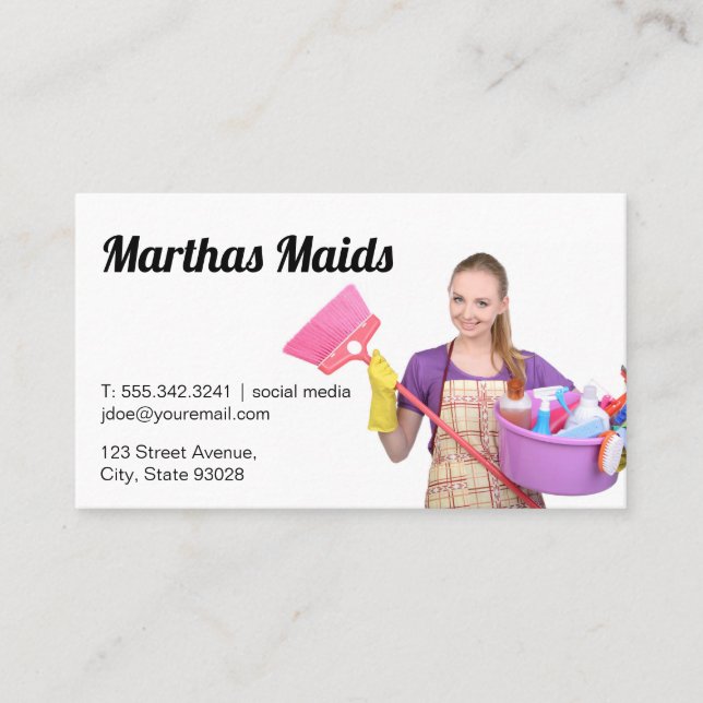 Maid Service | Cleaning Lady Holding Broom Business Card (Front)