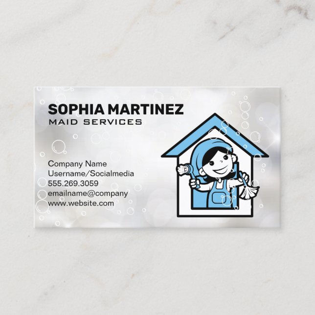 Maid Service | Mop and Broom | Soap Bubbles Business Card (Front)