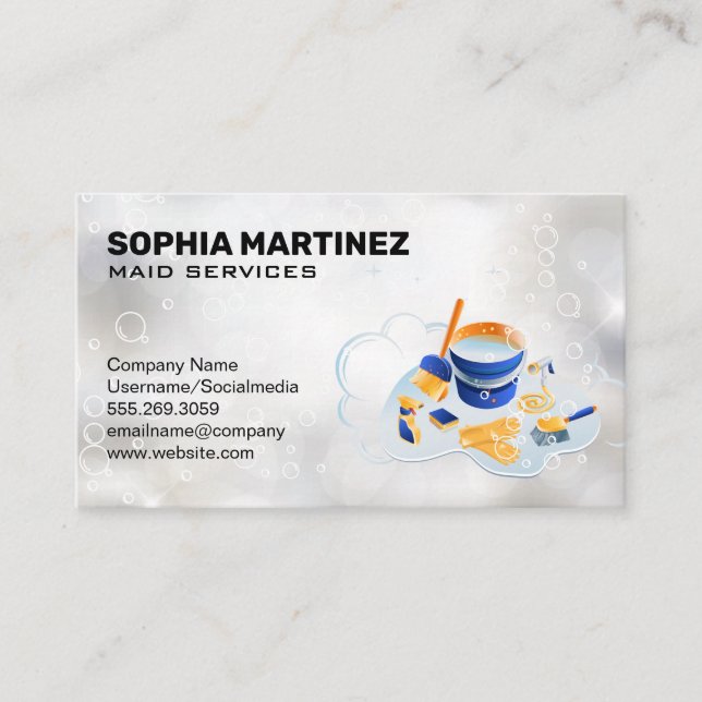 Maid Service | Mop and Broom | Sparkly Bubbles Business Card (Front)