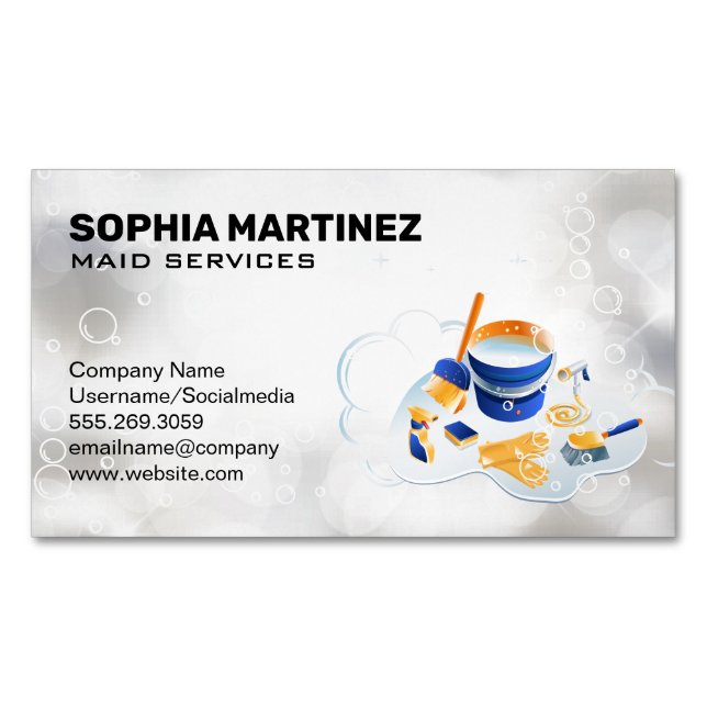 Maid Service | Mop and Broom | Sparkly Bubbles Magnetic Business Card (Front)