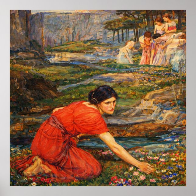 Maidens picking Flowers by a Stream by Waterhouse Poster (Front)