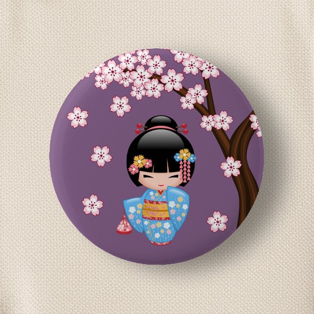 Maiko Kokeshi Doll - Blue Kimono Geisha Girl 6 Cm Round Badge (Creator Uploaded)