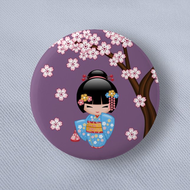 Maiko Kokeshi Doll - Blue Kimono Geisha Girl 6 Cm Round Badge (Creator Uploaded)