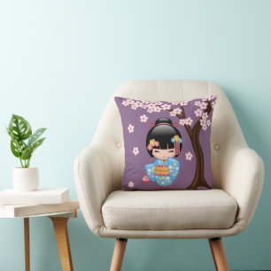 Maiko Kokeshi Doll - Blue Kimono Geisha Girl Cushion