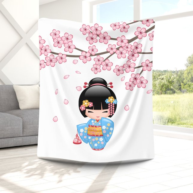 Maiko Kokeshi Doll - Blue Kimono Geisha Girl Fleece Blanket (Creator Uploaded)