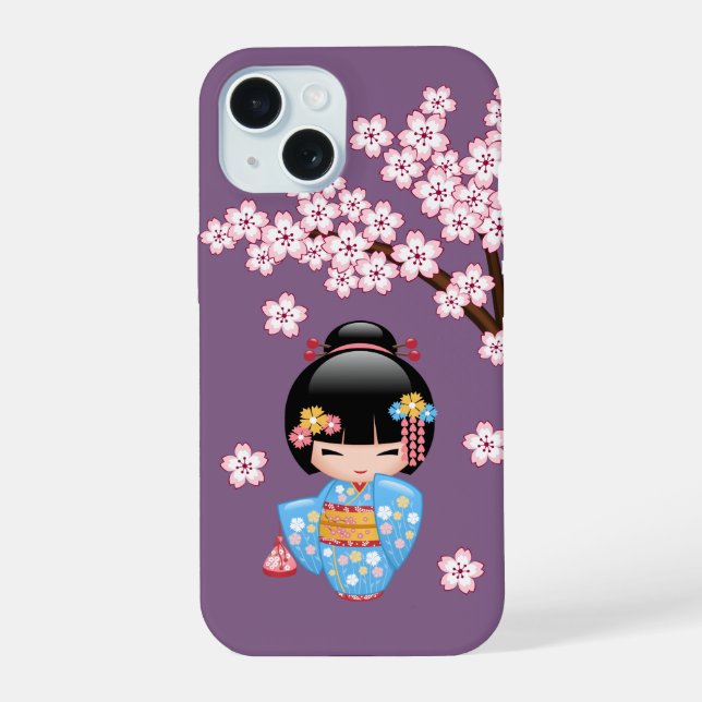 Maiko Kokeshi Doll - Blue Kimono Geisha Girl iPhone 15 Case (Back)