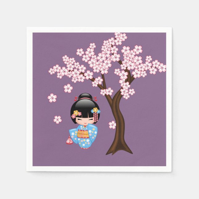 Maiko Kokeshi Doll - Blue Kimono Geisha Girl Napkin (Front)