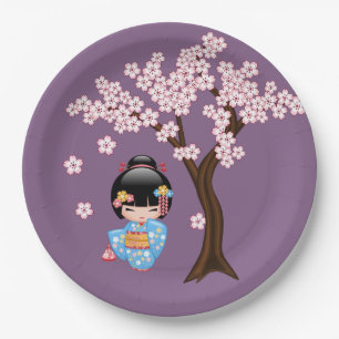 Maiko Kokeshi Doll - Blue Kimono Geisha Girl Paper Plate