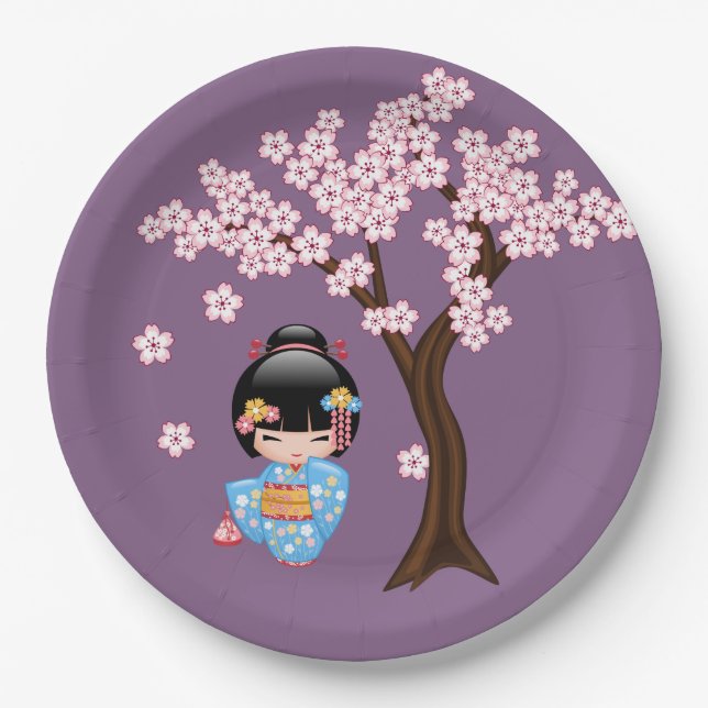 Maiko Kokeshi Doll - Blue Kimono Geisha Girl Paper Plate (Front)
