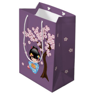 Maiko Kokeshi Doll Blue Kimono Geisha Girl Purple Medium Gift Bag
