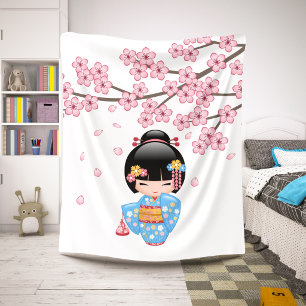 Maiko Kokeshi Doll - Blue Kimono Geisha Girl Sherpa Blanket