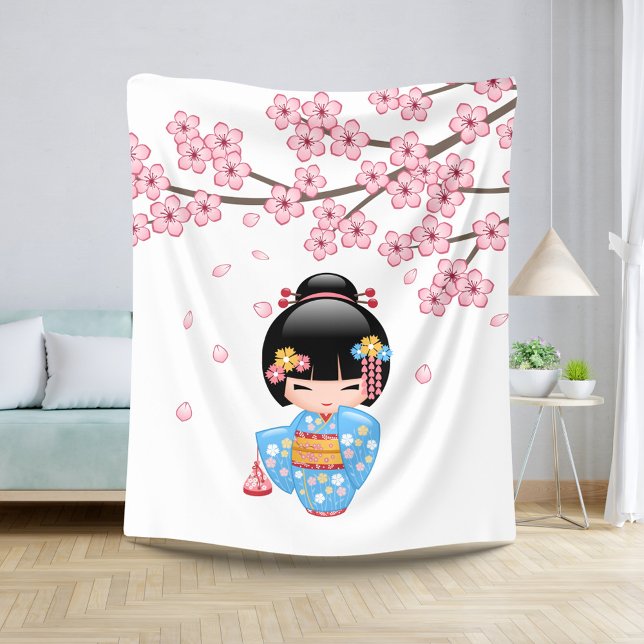 Maiko Kokeshi Doll - Blue Kimono Geisha Girl Sherpa Blanket (Creator Uploaded)