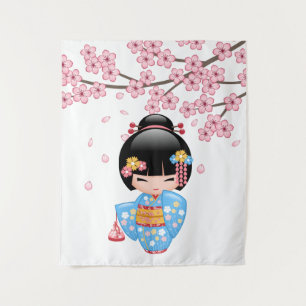 Maiko Kokeshi Doll - Blue Kimono Geisha Girl Tapestry