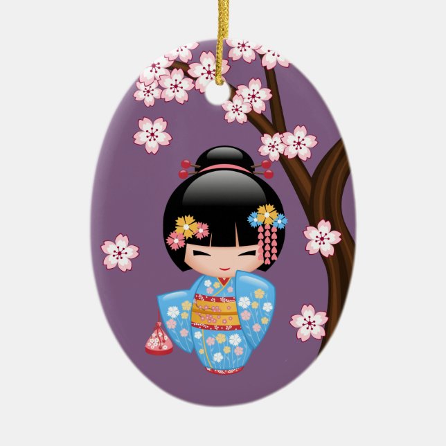 Maiko Kokeshi Doll - Cute Geisha Girl on Purple Ceramic Ornament (Front)