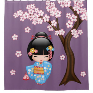 Maiko Kokeshi Doll Cute Geisha Girl Purple Shower Curtain