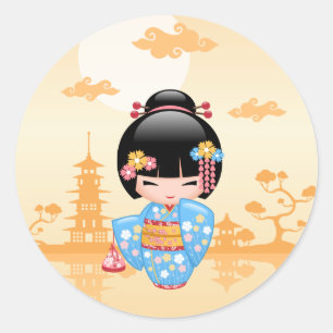Maiko Kokeshi Doll Cute Geisha Girl Yellow Classic Round Sticker