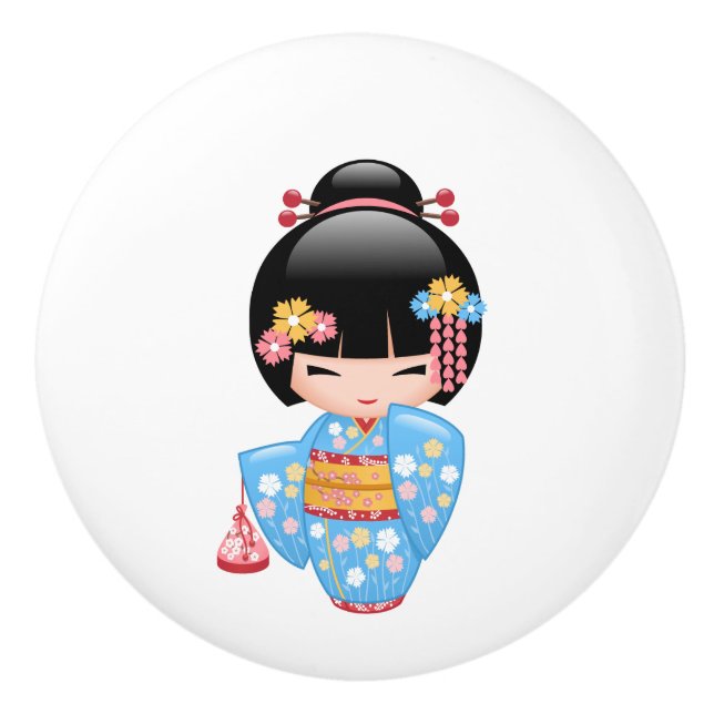 Maiko Kokeshi Doll - Cute Japanese Geisha Girl Ceramic Knob (Front)
