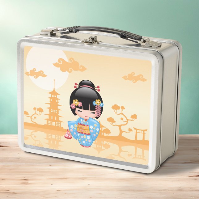 Maiko Kokeshi Doll Cute Japanese Geisha Yellow Metal Lunch Box (Creator Uploaded)