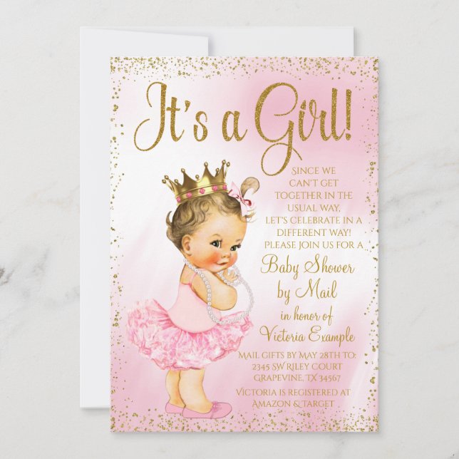 Mail Baby Shower Pink Gold Brunette Princess Tutu Invitation (Front)