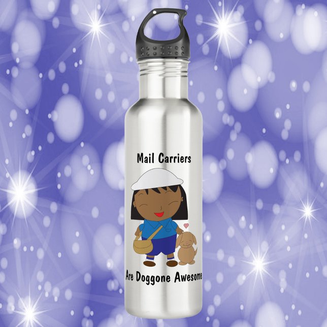 Mail Carriers Are Doggone Awesome Black Female 710 Ml Water Bottle (A water bottle featuring a black female mail carrier and the text, Mail Carriers Are Doggone Awesome)