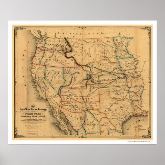 Mail Route Railroad Map 1859 Poster (Front)
