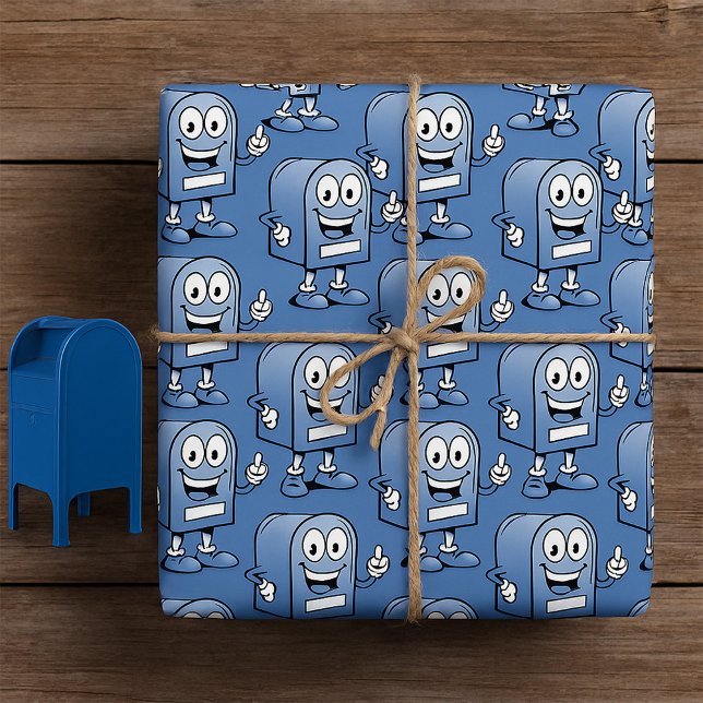 Mailbox Mascot Happy Blue Postal Character  Wrapping Paper (Creator Uploaded)