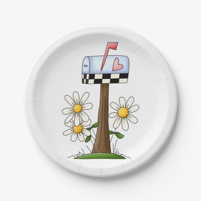 Mailbox with Daisies and Heart Flag Country Garden Paper Plate (Front)