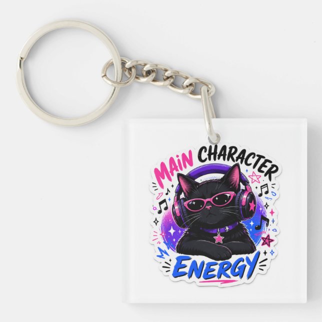 Main Character Energy Black Cat Sticker Key Ring (Front)