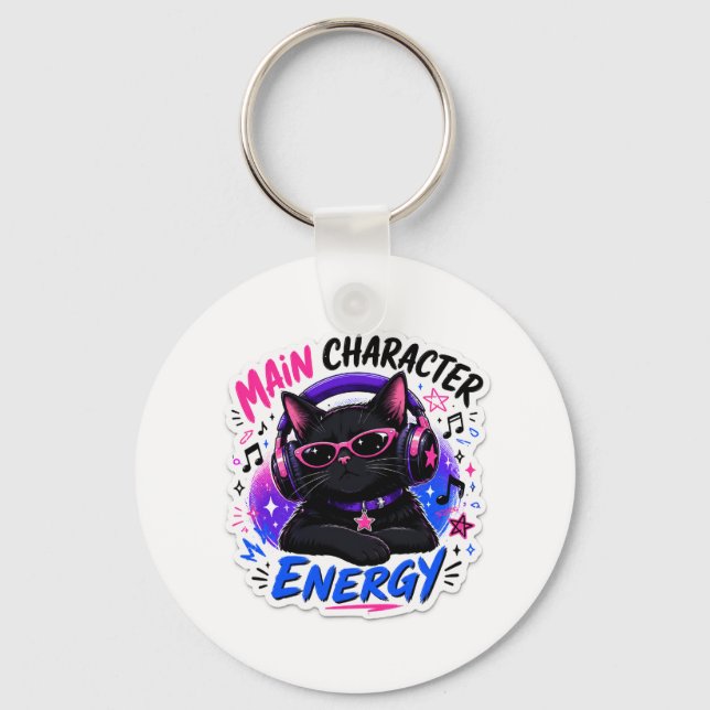 Main Character Energy Black Cat Sticker Key Ring (Front)
