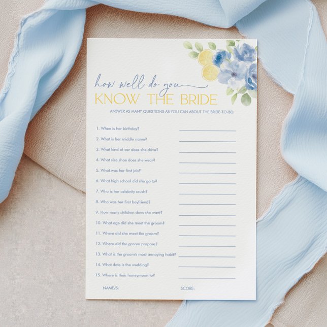 Main Squeeze Bridal Shower Games Know the Bride (How well do you know the bride? Blue floral lemon Bridal Shower Game)