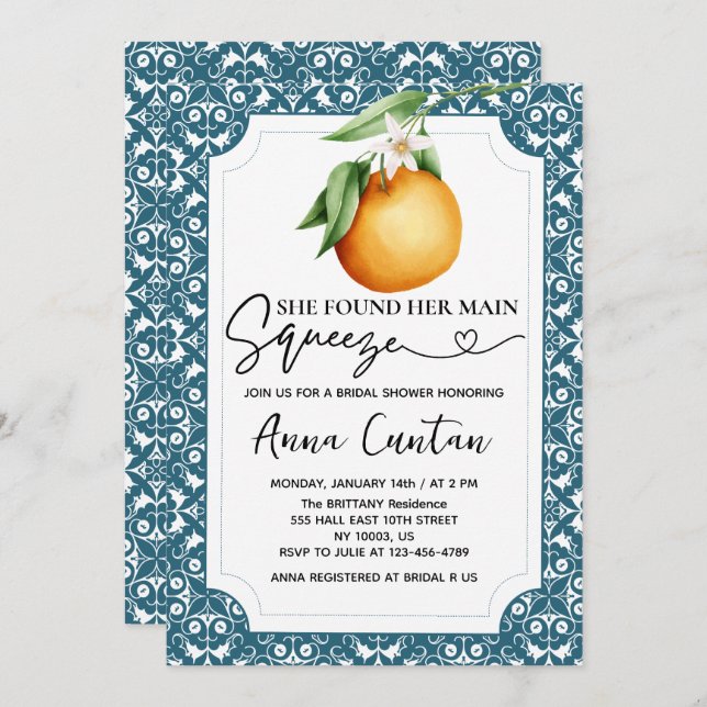Main Squeeze Bridal Shower Lemon Blue Tile Invitation (Front/Back)