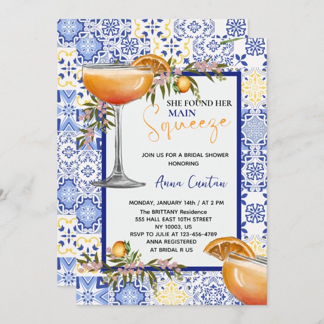 Main Squeeze Bridal Shower Lemon Blue Tile Invitation (Front/Back)